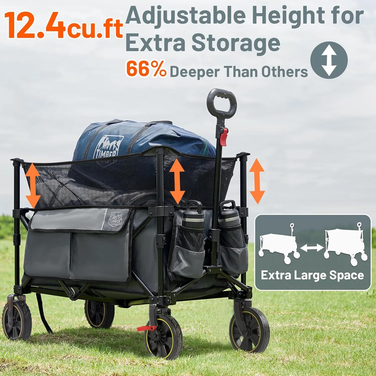 TIMBER RIDGE 350L Extra Large Collapsible Folding Wagon Carts with Brake, Heavy Duty Outdoor Camping Utility Wagons with Extended Height, Adjustable Handle, Cup Holders, Side Bag (Gray)