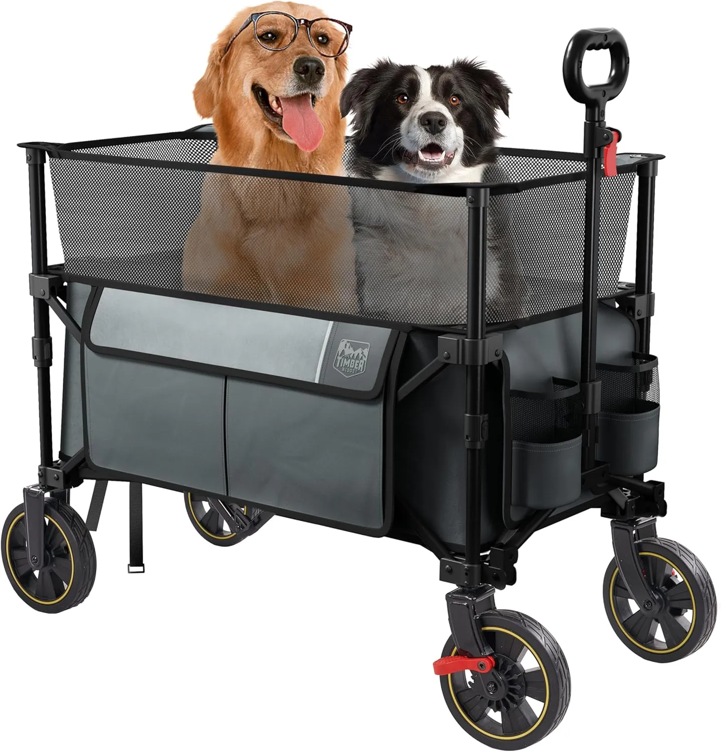 TIMBER RIDGE 350L Extra Large Collapsible Folding Wagon Carts with Brake, Heavy Duty Outdoor Camping Utility Wagons with Extended Height, Adjustable Handle, Cup Holders, Side Bag (Gray)