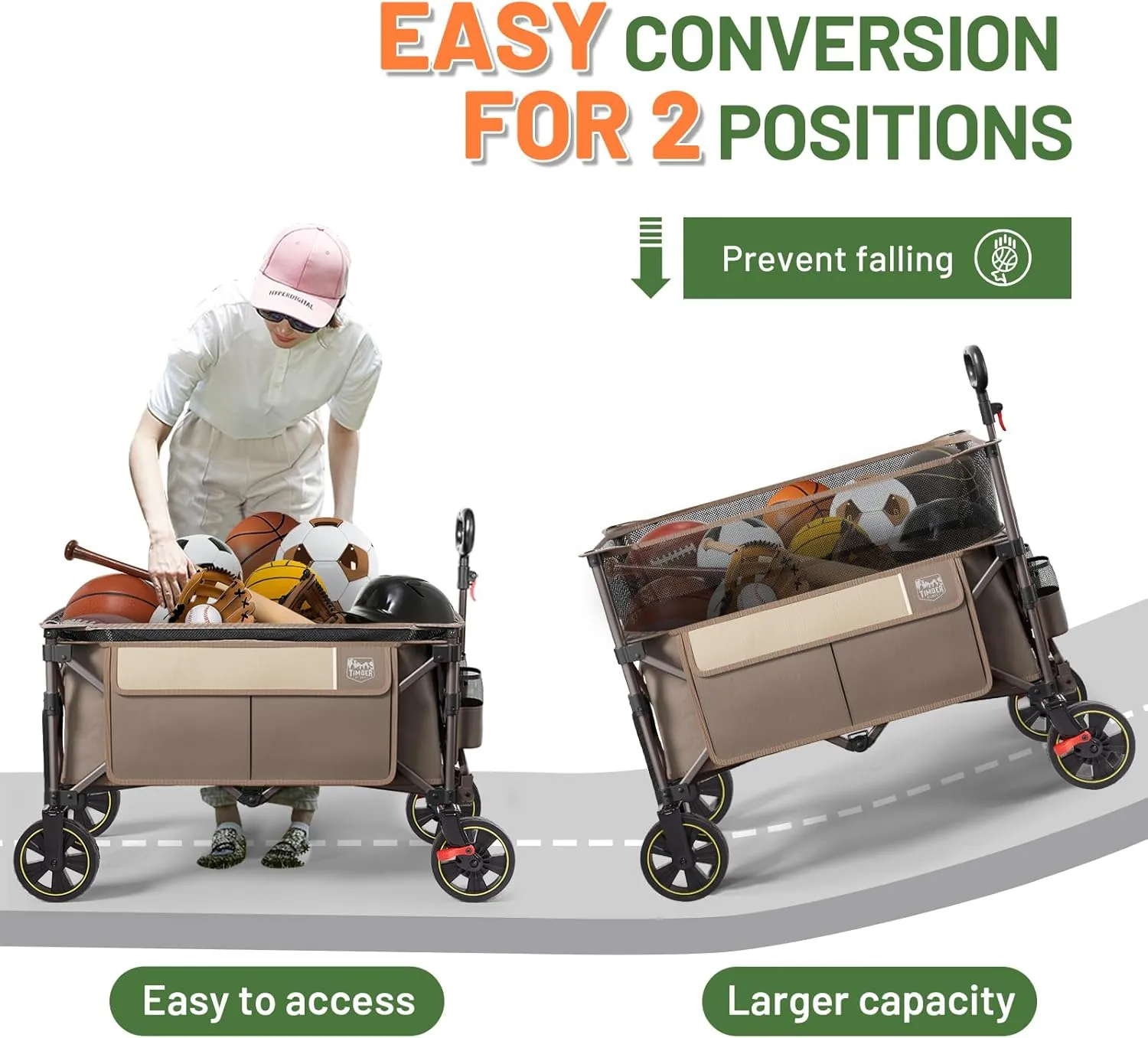 TIMBER RIDGE 350L Extra Large Collapsible Folding Wagon Carts with Brake, Heavy Duty Outdoor Camping Utility Wagons with Extended Height, Adjustable Handle, Cup Holders, Side Bag(Tan)