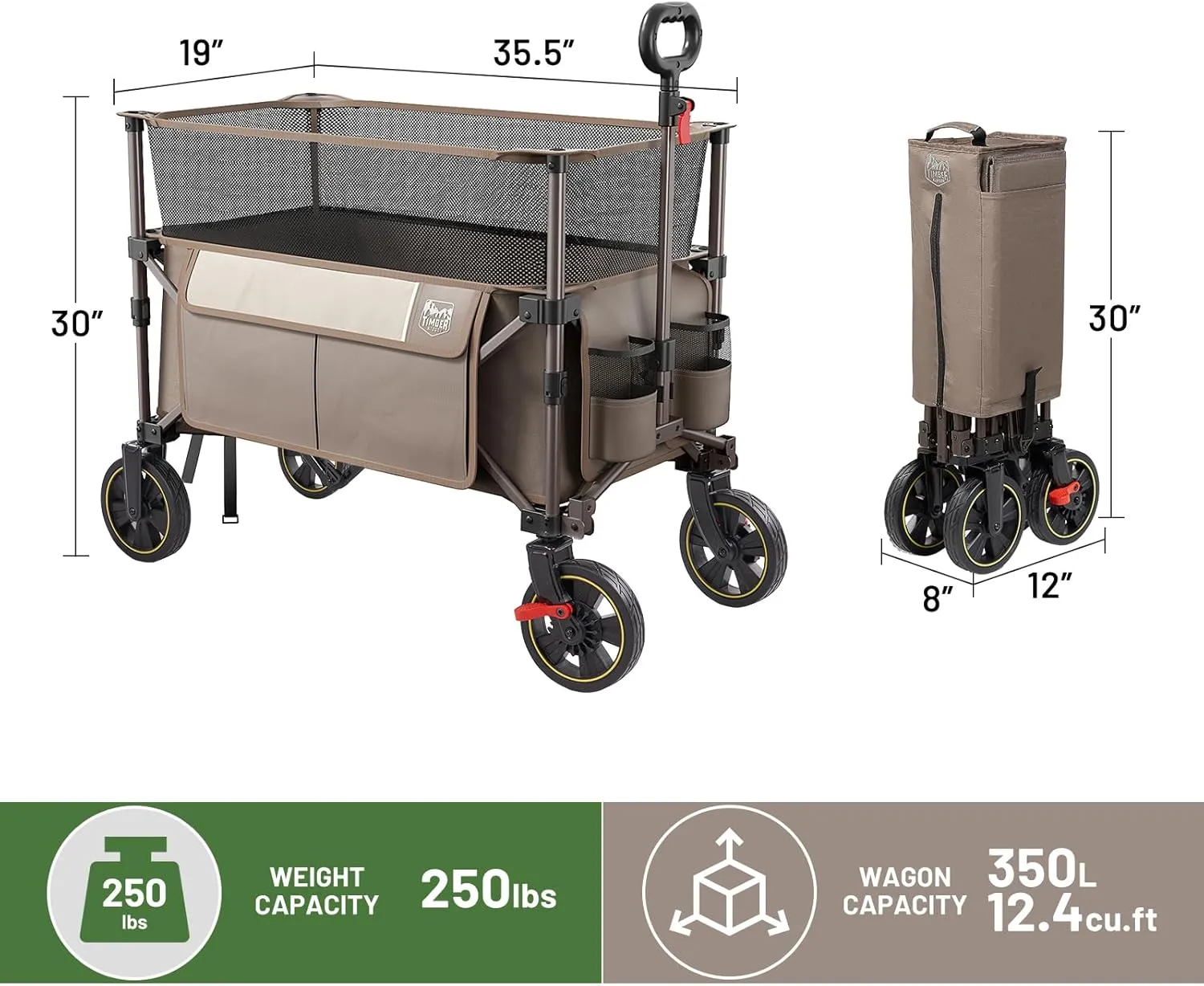 TIMBER RIDGE 350L Extra Large Collapsible Folding Wagon Carts with Brake, Heavy Duty Outdoor Camping Utility Wagons with Extended Height, Adjustable Handle, Cup Holders, Side Bag(Tan)