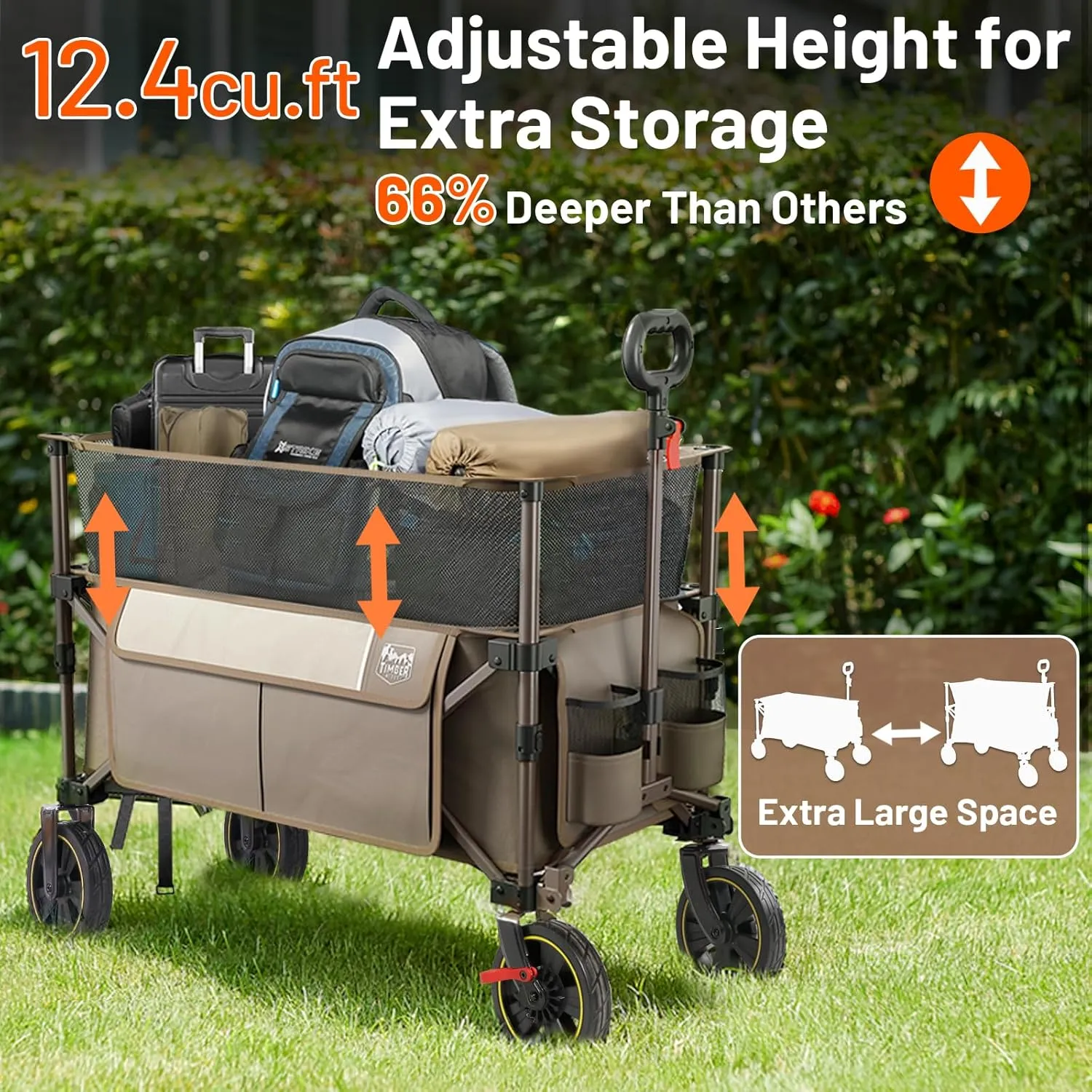 TIMBER RIDGE 350L Extra Large Collapsible Folding Wagon Carts with Brake, Heavy Duty Outdoor Camping Utility Wagons with Extended Height, Adjustable Handle, Cup Holders, Side Bag(Tan)