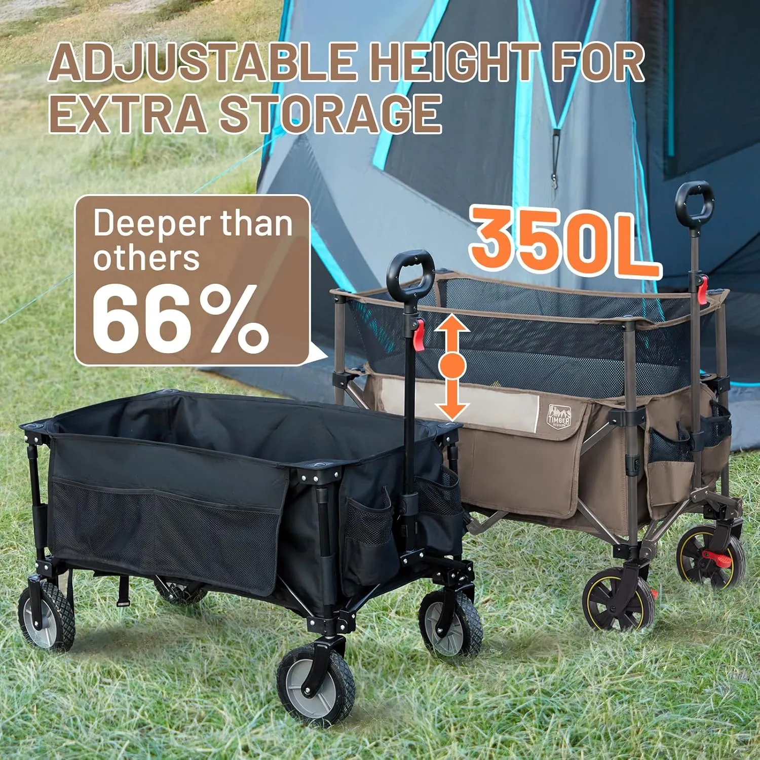TIMBER RIDGE 350L Extra Large Collapsible Folding Wagon Carts with Brake, Heavy Duty Outdoor Camping Utility Wagons with Extended Height, Adjustable Handle, Cup Holders, Side Bag(Tan)