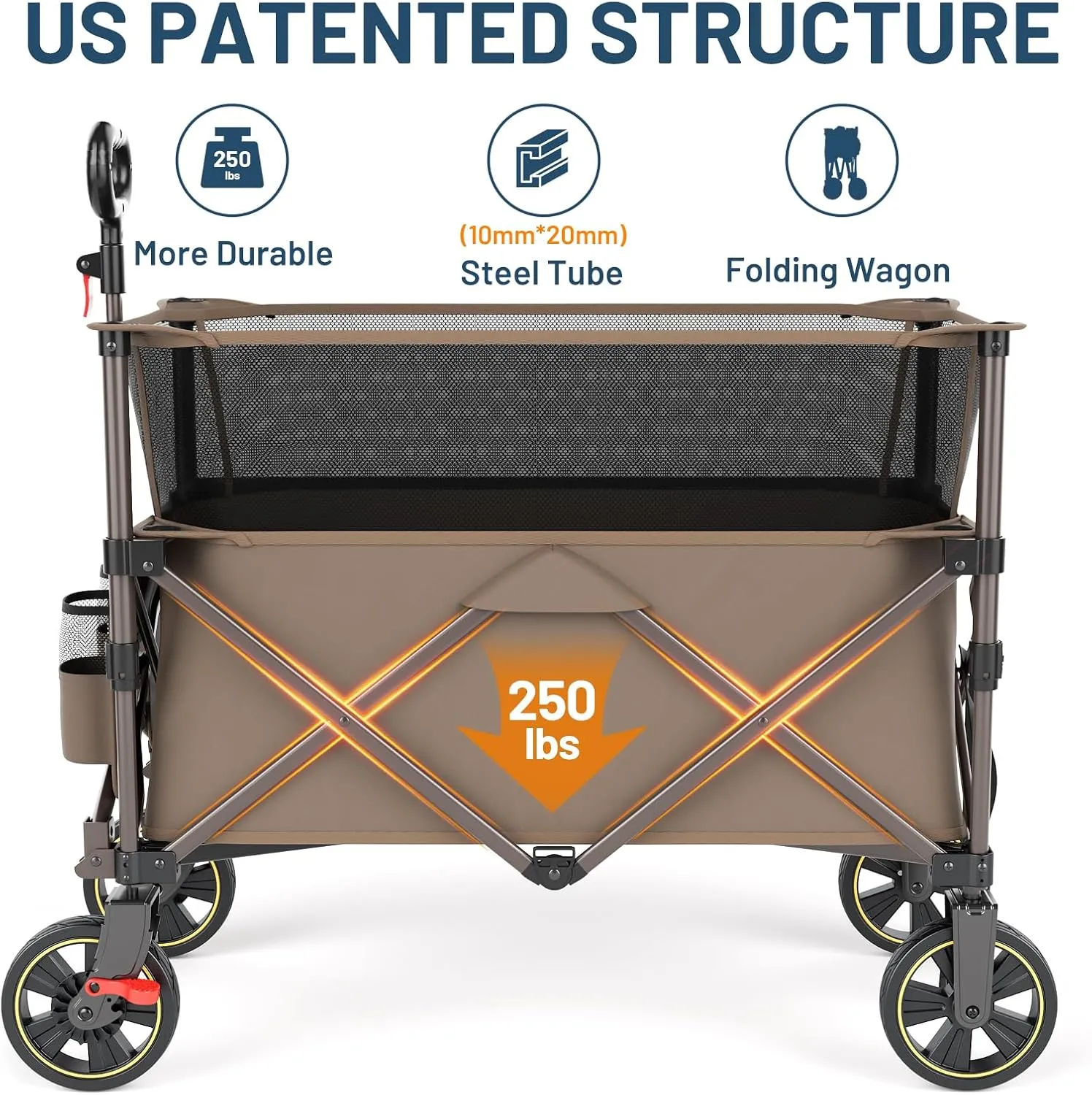 TIMBER RIDGE 350L Extra Large Collapsible Folding Wagon Carts with Brake, Heavy Duty Outdoor Camping Utility Wagons with Extended Height, Adjustable Handle, Cup Holders, Side Bag(Tan)