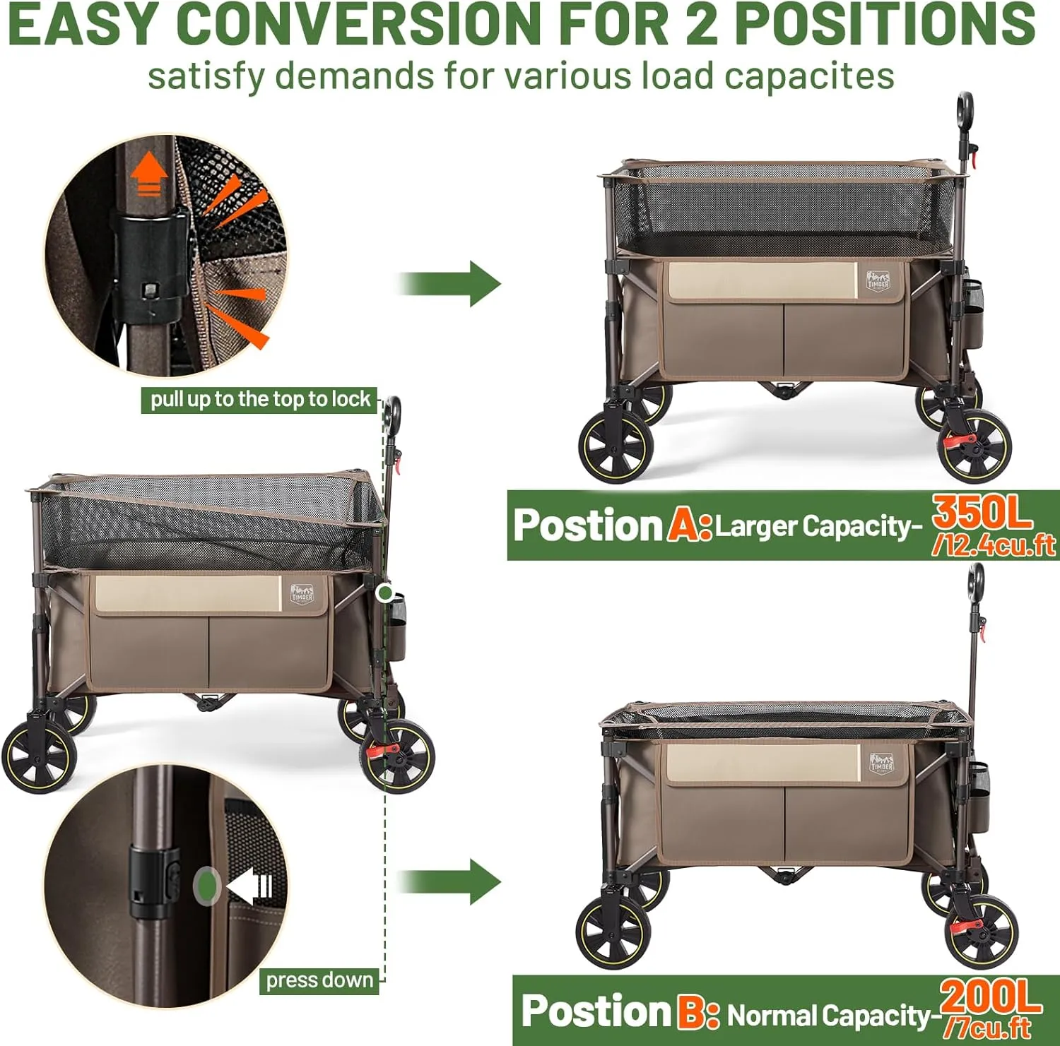 TIMBER RIDGE 350L Extra Large Collapsible Folding Wagon Carts with Brake, Heavy Duty Outdoor Camping Utility Wagons with Extended Height, Adjustable Handle, Cup Holders, Side Bag(Tan)