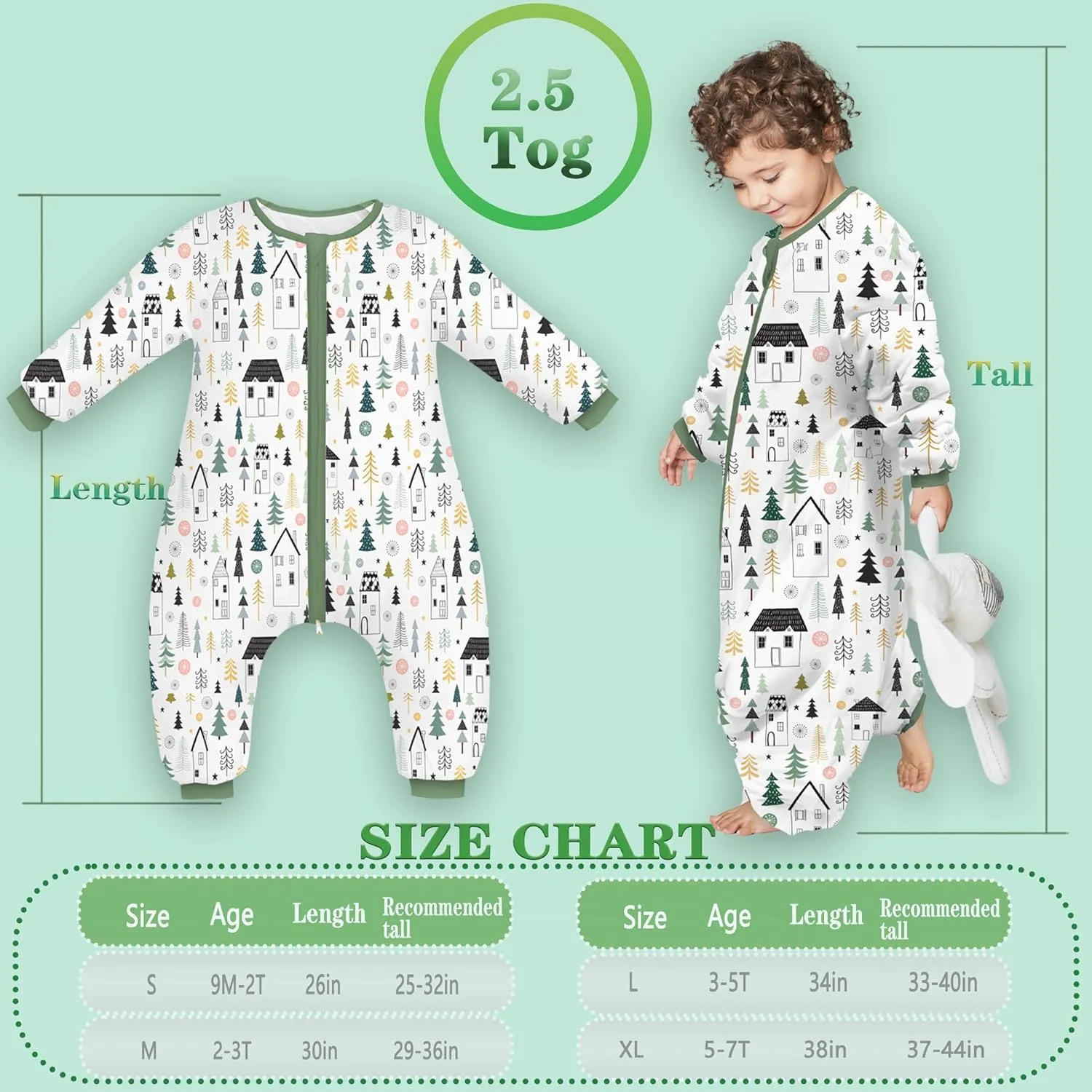 Toddler Sleep Sack,Winter Long Sleeve Sleep Sack 2.5Tog, Toddler Sleep Sack with Feet, Baby Sleep Bag Winter, Wearable Blanket with Legs for Early Walkers(Green Forest,9M-2T)