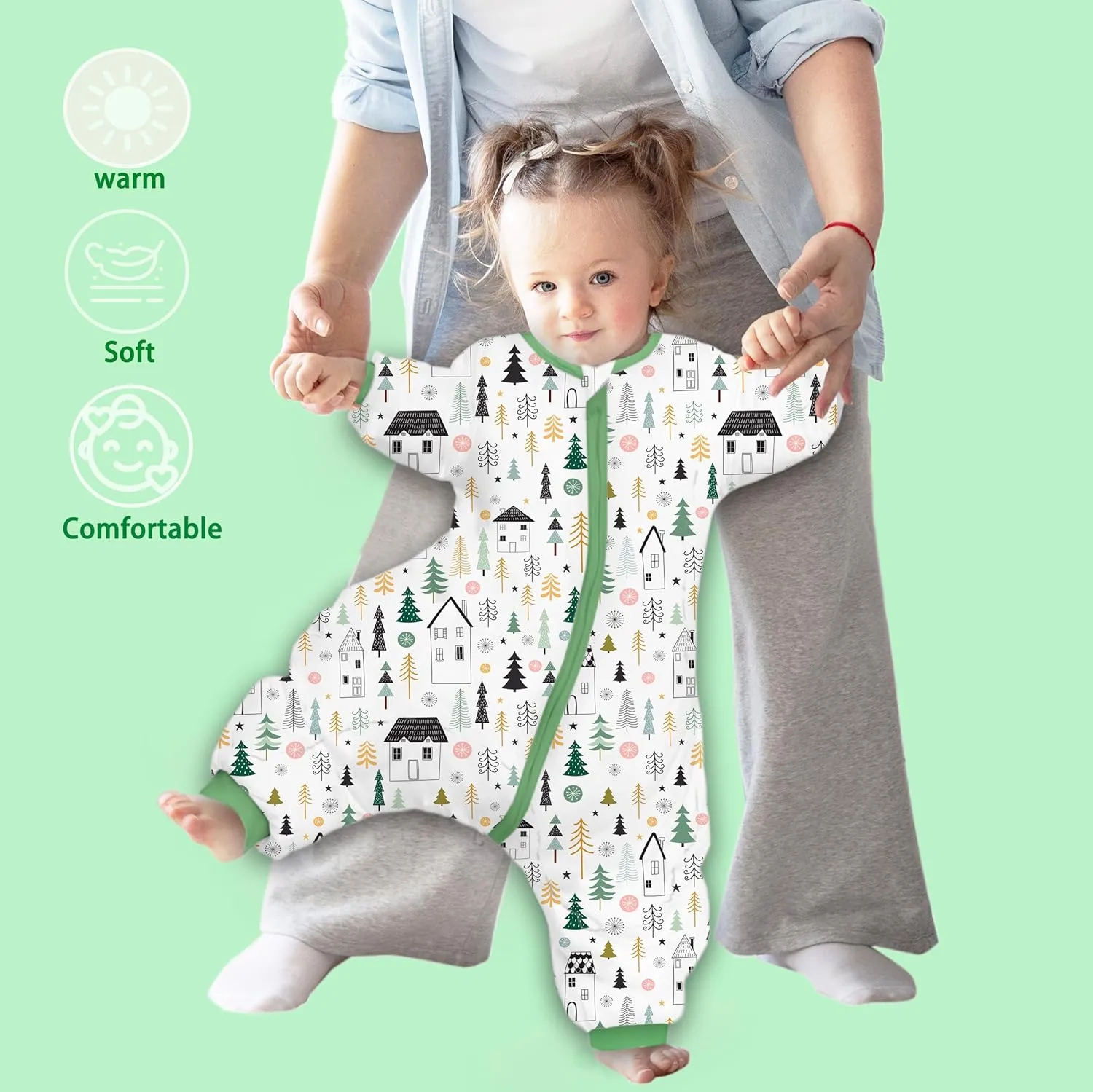 Toddler Sleep Sack,Winter Long Sleeve Sleep Sack 2.5Tog, Toddler Sleep Sack with Feet, Baby Sleep Bag Winter, Wearable Blanket with Legs for Early Walkers(Green Forest,9M-2T)
