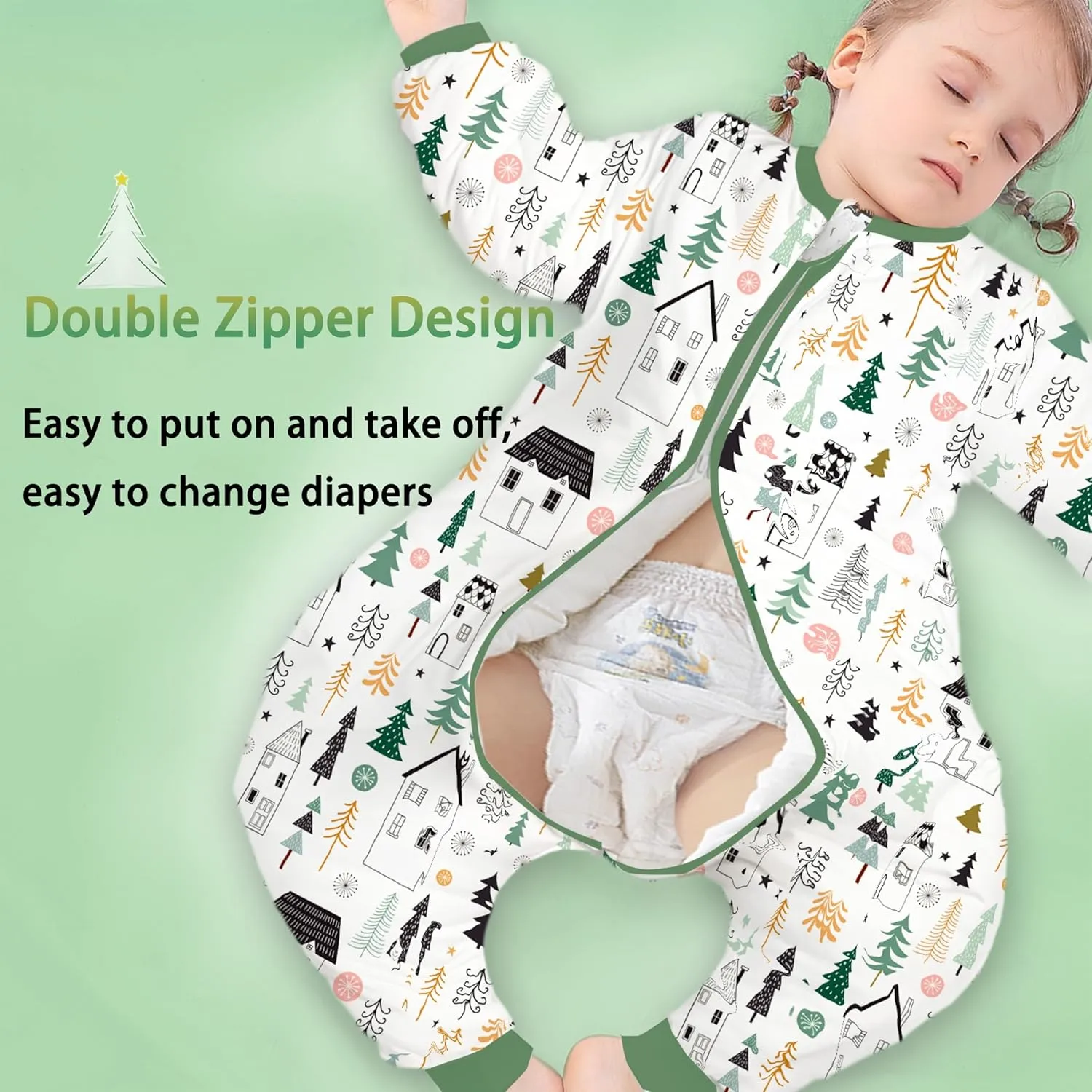 Toddler Sleep Sack,Winter Long Sleeve Sleep Sack 2.5Tog, Toddler Sleep Sack with Feet, Baby Sleep Bag Winter, Wearable Blanket with Legs for Early Walkers(Green Forest,9M-2T)