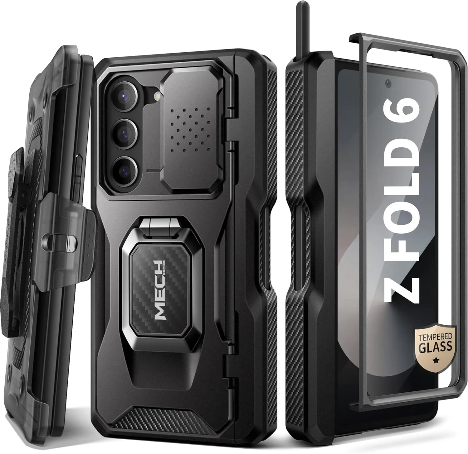 TONGATE for Z Fold 6 Case with Ring Stand, Built-in S Pen Holder & HD Glass Screen Protector Rugged Z6 Phone Case with Slide Camera Cover & Belt Clip for Samsung Galaxy Z Fold 6 2024, Black HD Film