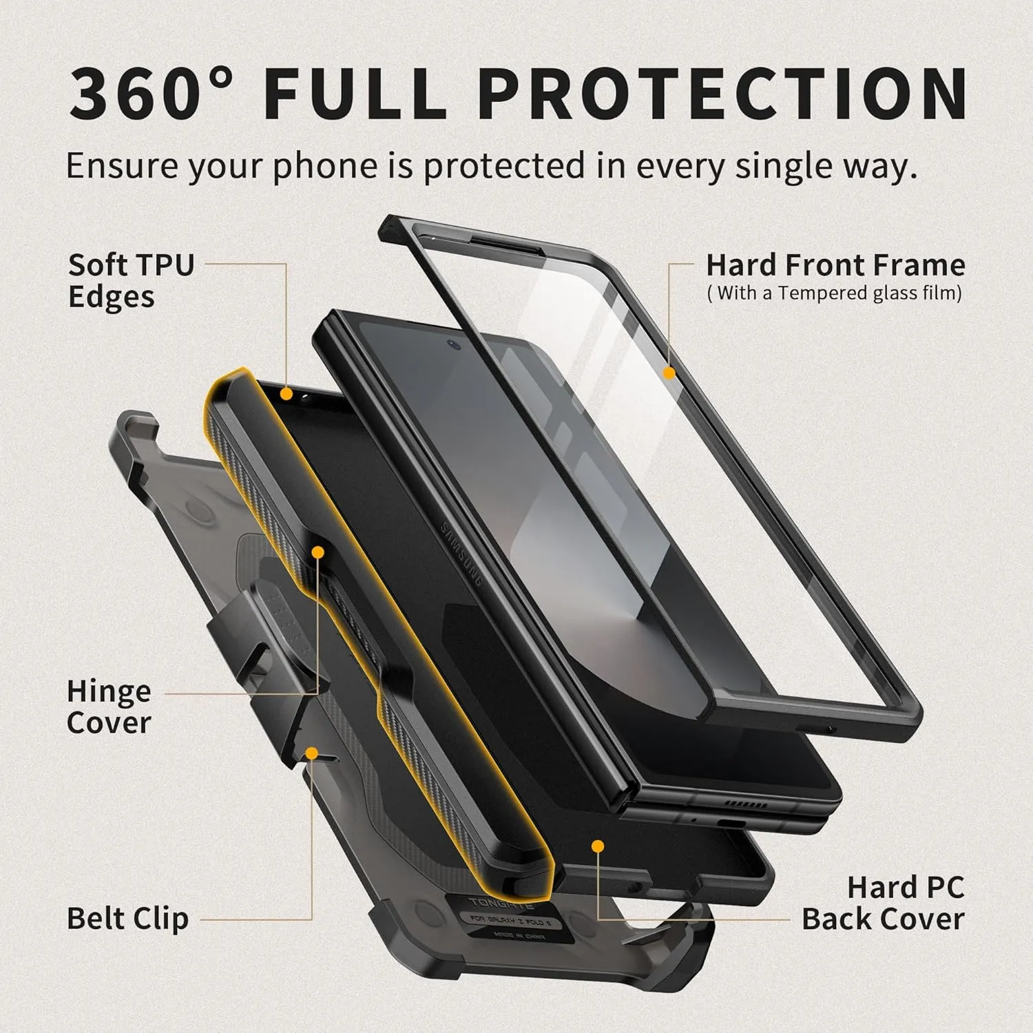 TONGATE for Z Fold 6 Case with Ring Stand, Built-in S Pen Holder & HD Glass Screen Protector Rugged Z6 Phone Case with Slide Camera Cover & Belt Clip for Samsung Galaxy Z Fold 6 2024, Black HD Film