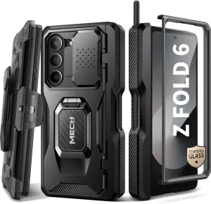 TONGATE for Z Fold 6 Case with Ring Stand, Built-in S Pen Holder & HD Glass Screen Protector Rugged Z6 Phone Case with Slide Camera Cover & Belt Clip for Samsung Galaxy Z Fold 6 2024, Black HD Film