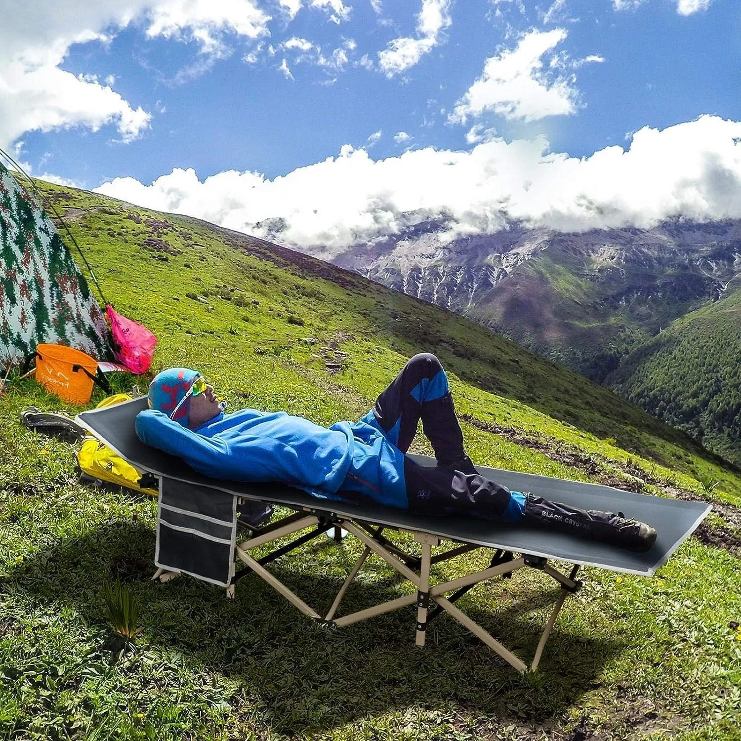 Topeakmart Single Camping Bed Folding Camping Cot Bed Siesta Lounge Chair Adults Portable Foldable Camp Cot w/ 2 Side Storage Bags & 1 Carry Bag Outdoor/Indoor/Hiking/Travel/Beach/Office/Home