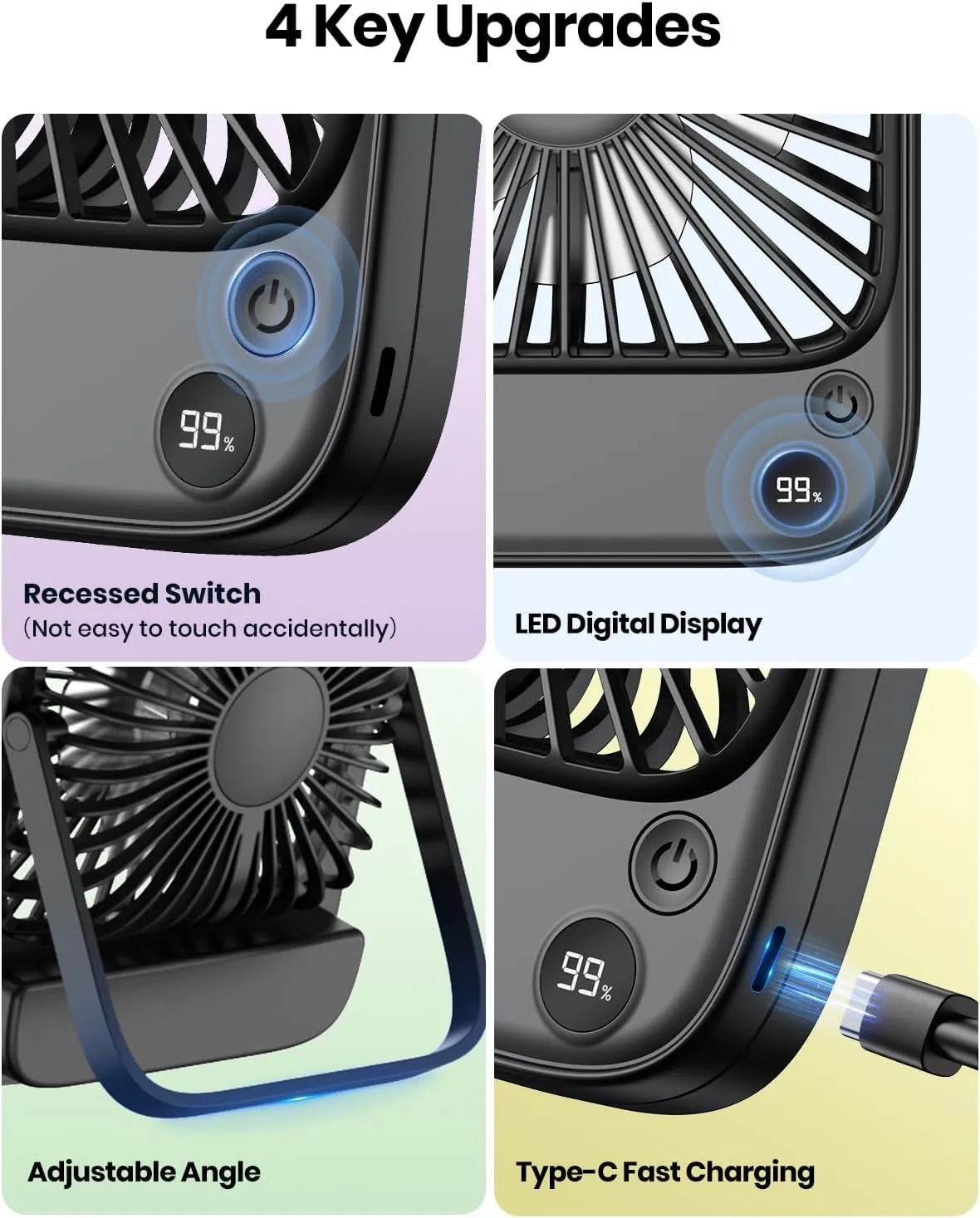 TOPK 5000mAh Portable Desk Fan Rechargeable, Cruise Ship Fan, Quiet Thin Battery Operated Desktop Personal Fan with Power & Speed Display for Office,Travel,Library,Sleeping,Outdoor Black