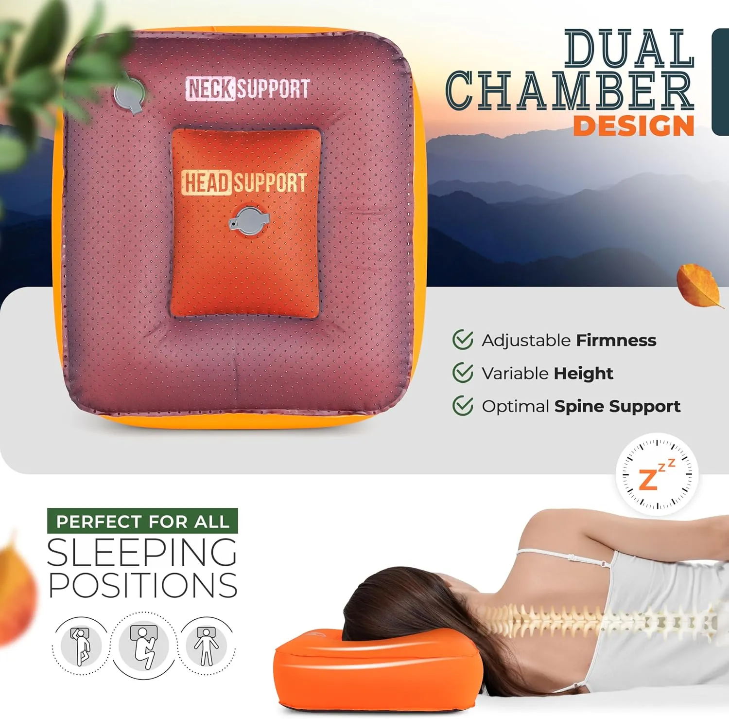 TrailNeck 1.0 Inflatable Camping Pillow-Small, portable, best-rated, sleeping bag camp pillow, backpacking gear, car or plane pillow, travel pillow, side sleeper pillows for adult (Orange)