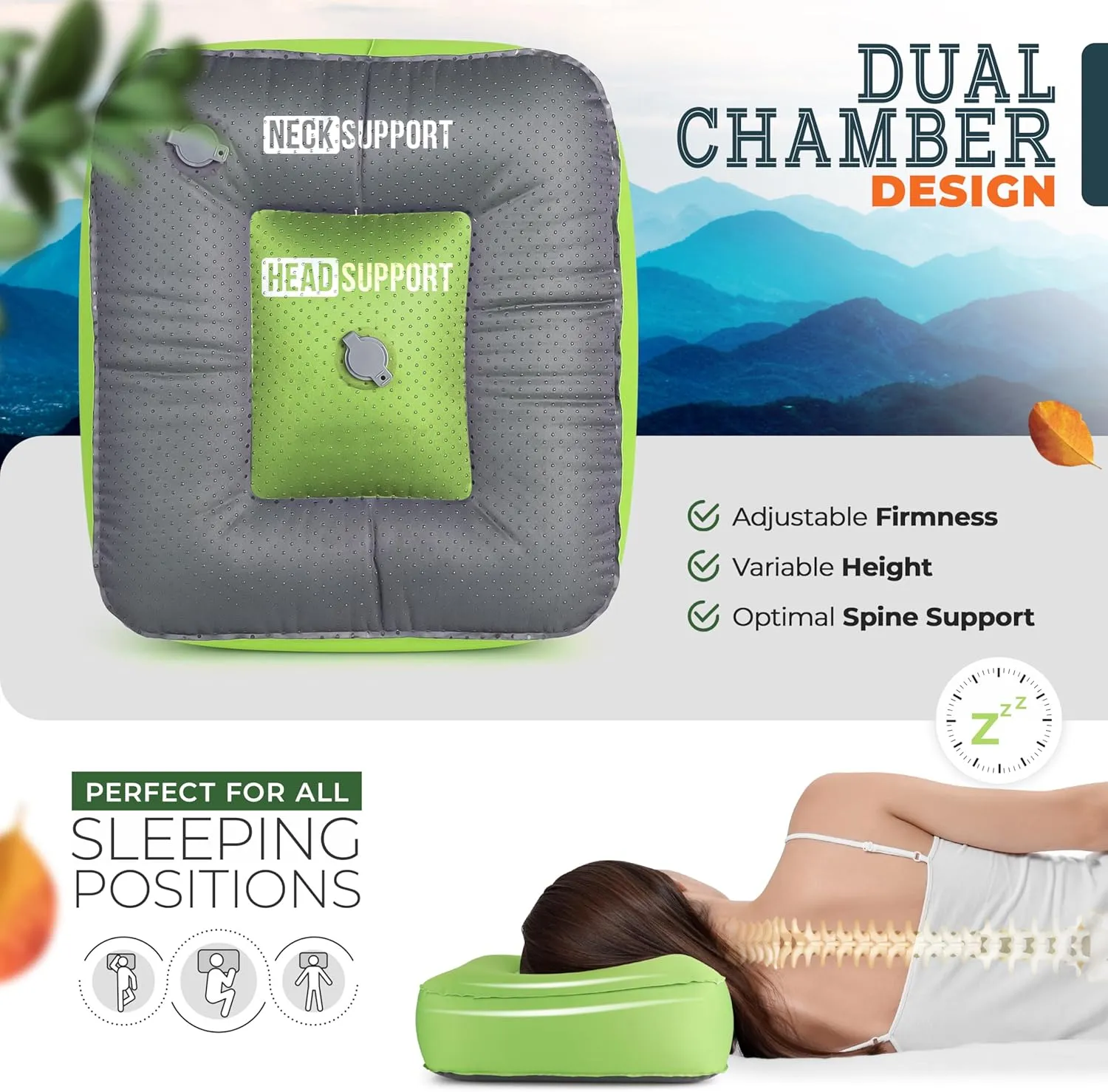 TrailNeck 1.0 Inflatable Camping Pillow-Small, portable, best-rated, sleeping bag camp pillow, backpacking gear, car or plane pillow, travel pillow, side sleeper pillows for adults (Green)