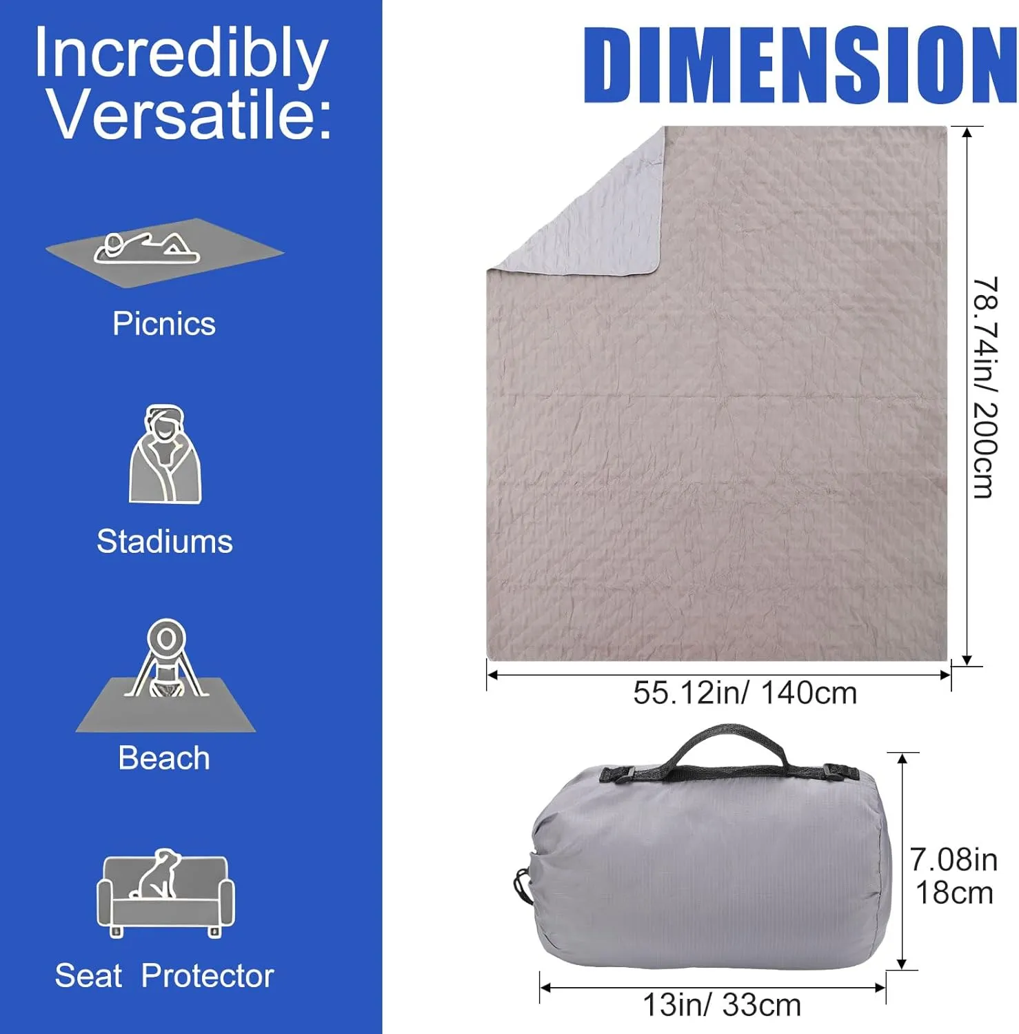 Tranqun 2 Large Outdoor Blanket 78'' x 55'' Quilted Windproof Waterproof Fleece Sandproof Stadium Foldable Warm Blanket for Camping Picnic Sporting Events Cold Weather (Gray)