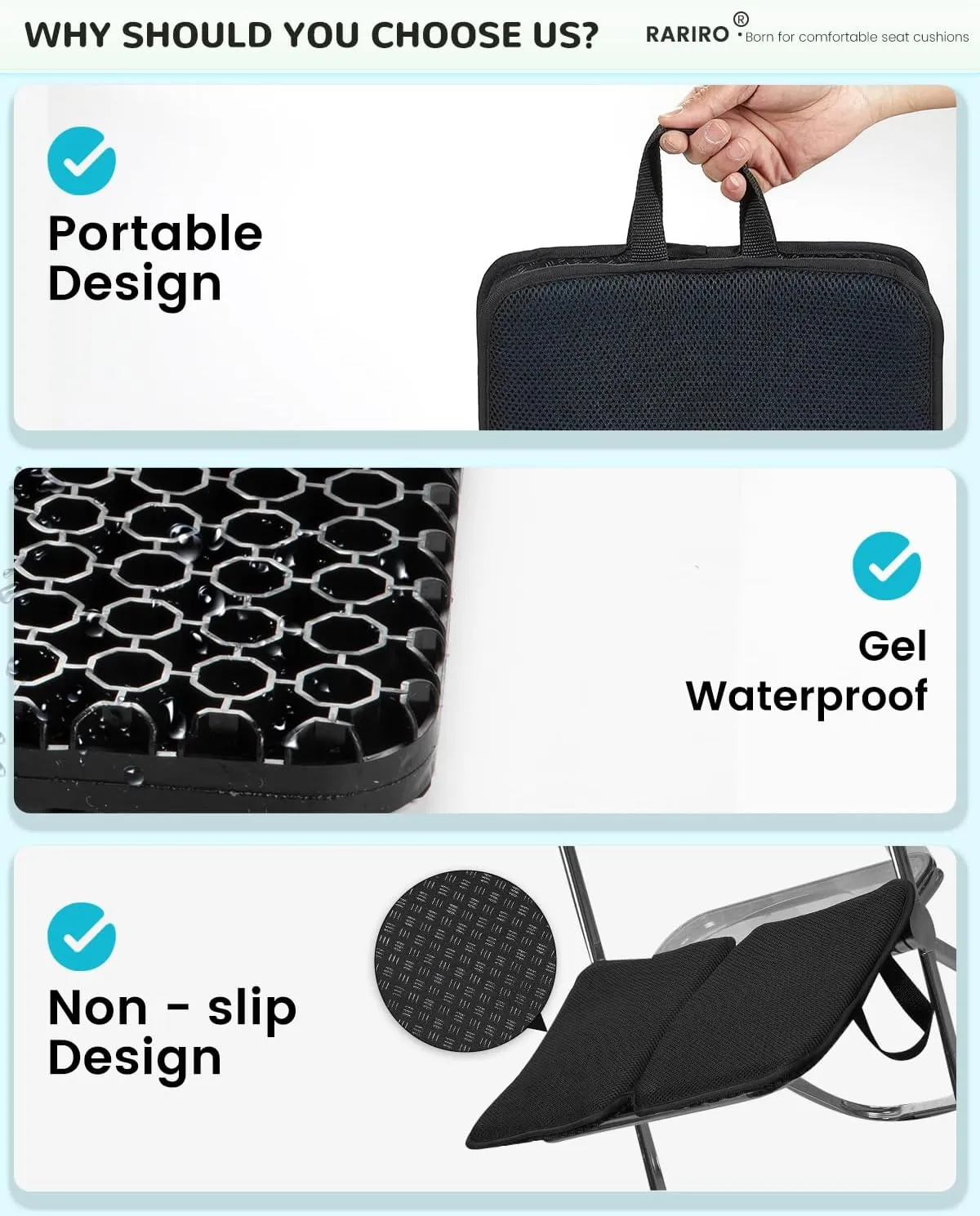 Travel Gel Seat Cushion - Foldable Waterproof Portable Pad for Airplane, Stadium, Bleacher, Kayaking, Flights, Camping, Egg Gel Pads, Ergonomic Design