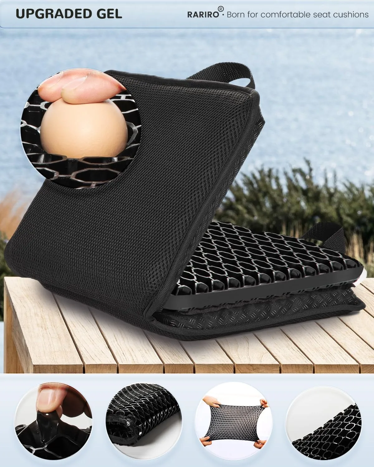 Travel Gel Seat Cushion - Foldable Waterproof Portable Pad for Airplane, Stadium, Bleacher, Kayaking, Flights, Camping, Egg Gel Pads, Ergonomic Design
