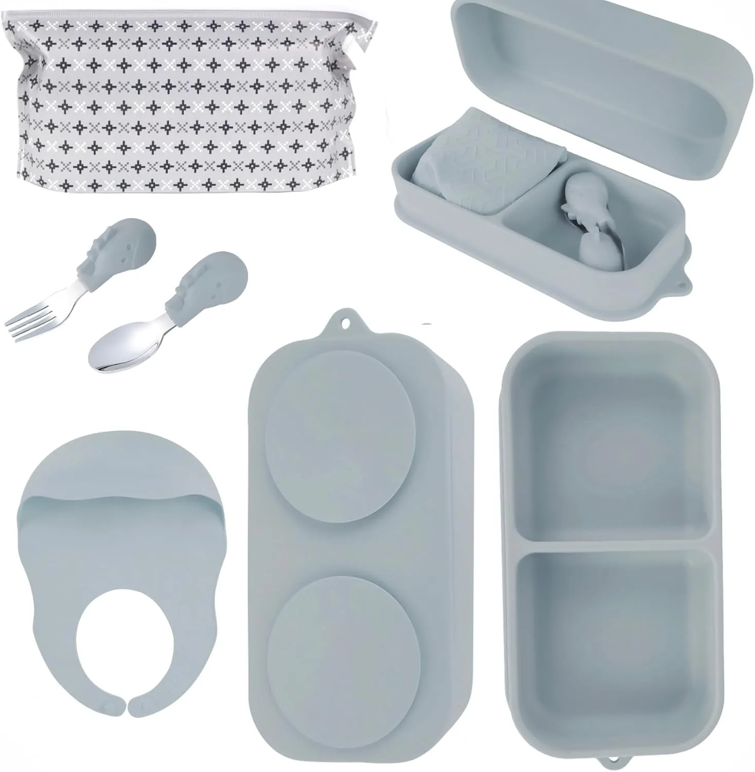 Travel Silicone Baby Feeding Set with 316 Stainless Steel Spoon & Fork ,Silicone Suction Plates, Foldable Bib, Storage Bag - Portable Infant Toddler Utensils, 6-Piece BPA-Free Dishware Kit（gray）