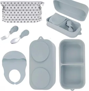 Travel Silicone Baby Feeding Set with 316 Stainless Steel Spoon & Fork ,Silicone Suction Plates, Foldable Bib, Storage Bag - Portable Infant Toddler Utensils, 6-Piece BPA-Free Dishware Kit（gray）