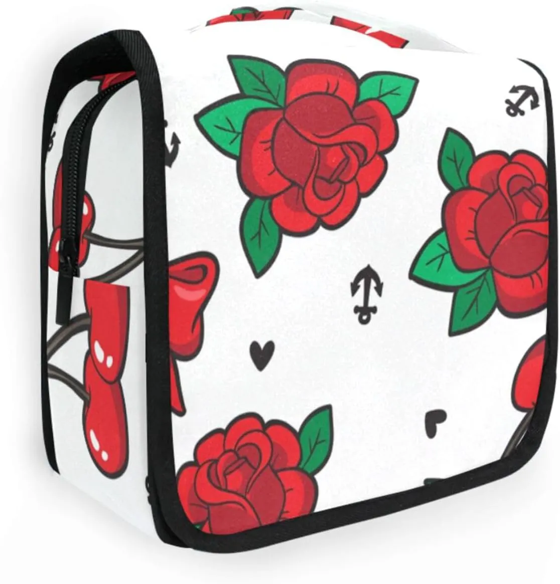 Travel Toiletry Bag Cosmetic Bag Classic Red Roses Cherries Bows Portable Hanging Cosmetic Case Traveling With Leakproof Compartment Makeup Toiletries Cosmetic Organizer for Men Women