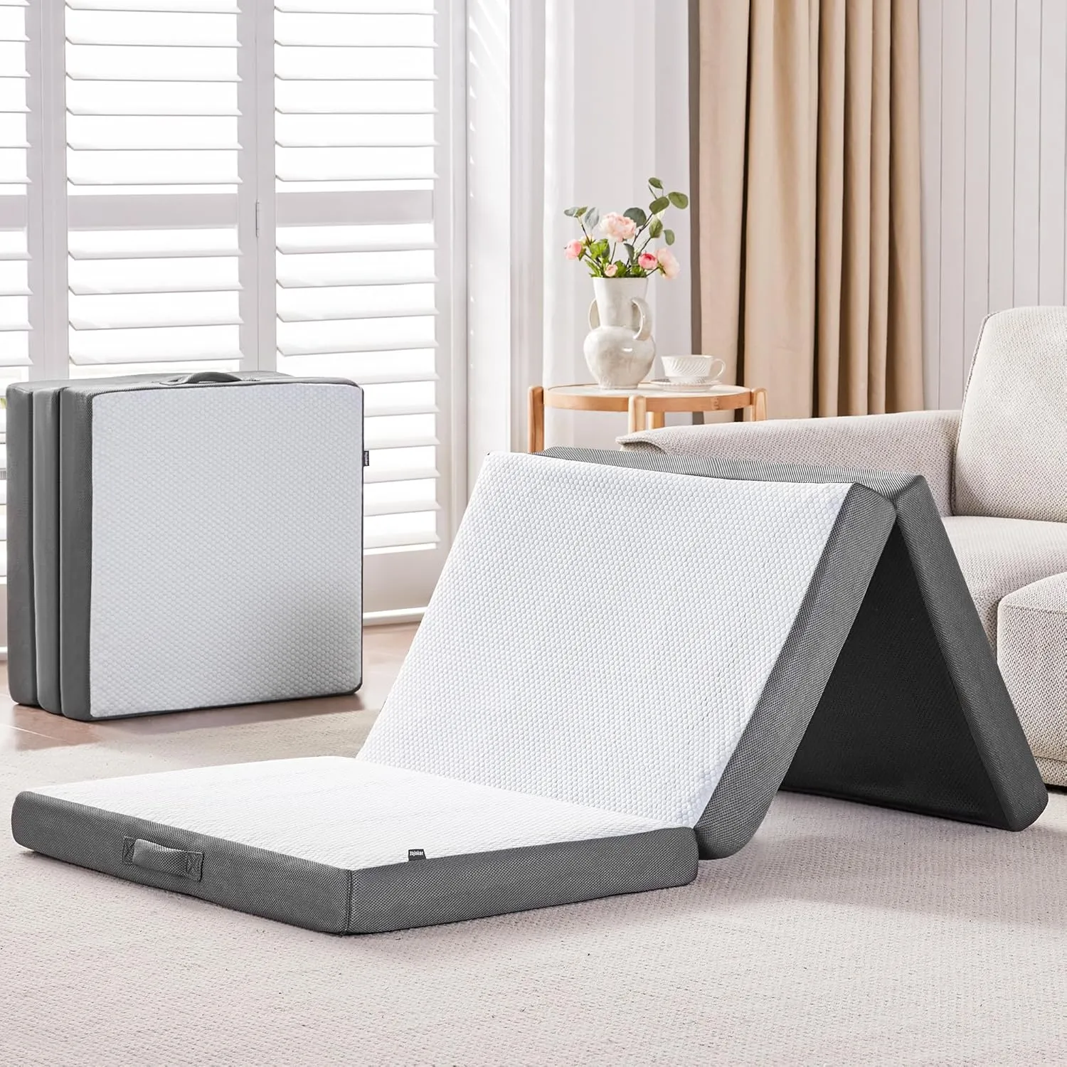 Tri Folding Mattress Twin 4 Inch, Memory Foam Foldable Mattress Topper with Storage Bag & Blanket, Portable Trifold Mattress with Breathable Washable Cover for Camping, Floor, Guest