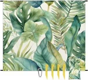 Tropical Green Plants Leaves Beach Blanket, Sandproof Beach Mat, 68 x 59 Waterproof Quick Drying Sand Free Mat with 4 x Ground Spikes for Outdoor Travel Camping Hiking, Plants Leaves