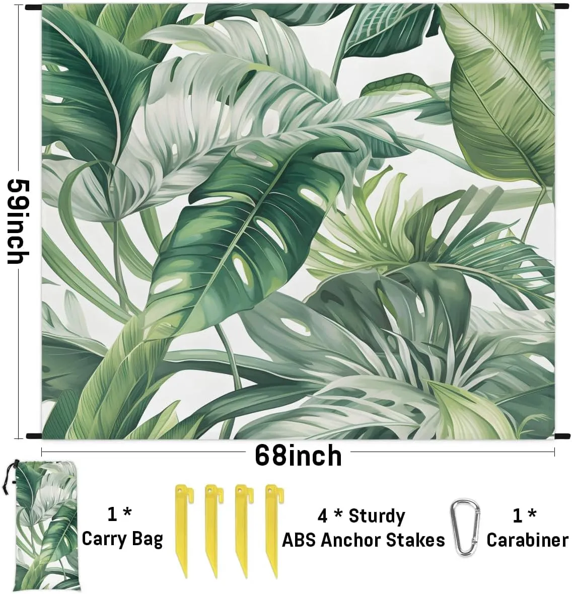 Tropical Palm Leaf Beach Blanket, Sandproof Beach Mat, 68 x 59 Waterproof Quick Drying Sand Free Mat with 4 x Ground Spikes for Outdoor Travel Camping Hiking, Summer Palm Leaves
