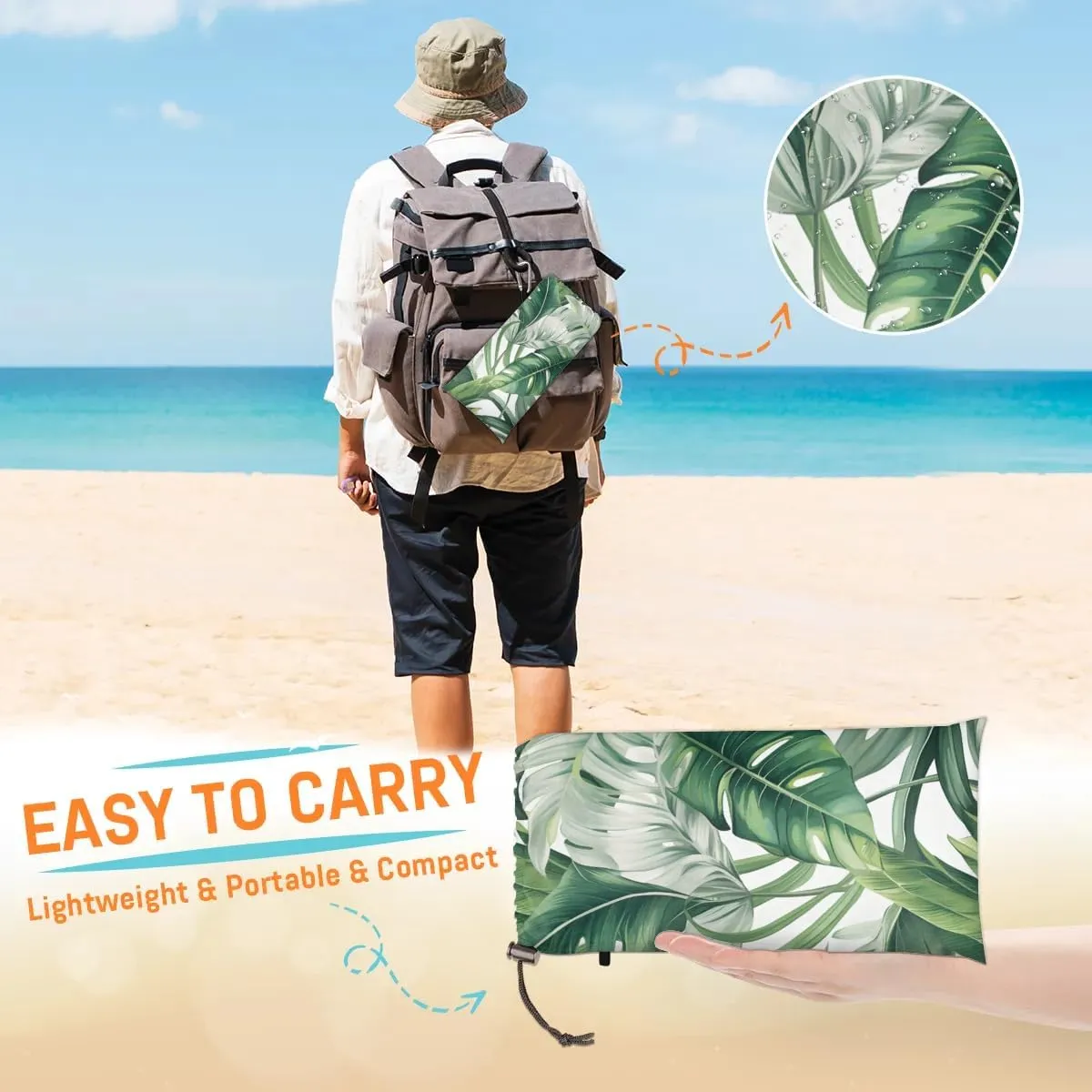 Tropical Palm Leaf Beach Blanket, Sandproof Beach Mat, 68 x 59 Waterproof Quick Drying Sand Free Mat with 4 x Ground Spikes for Outdoor Travel Camping Hiking, Summer Palm Leaves