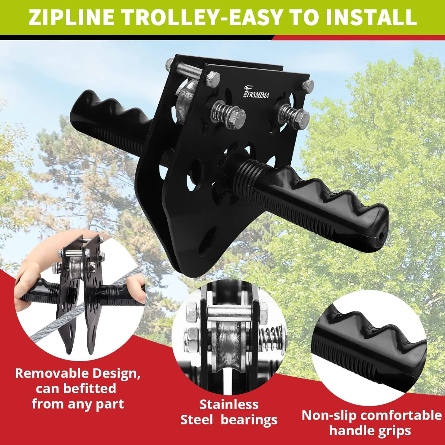 TRSMIMA Zipline Kit for Kids and Adult 200ft Zipline with Spring Brake Safety Harness Zip line Trolley Ratchet Tighten System Support 330 lbs