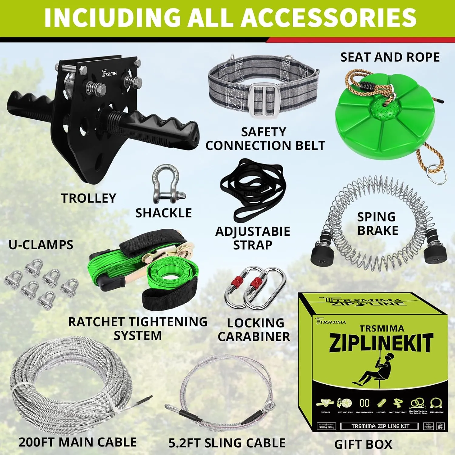 TRSMIMA Zipline Kit for Kids and Adult 200ft Zipline with Spring Brake Safety Harness Zip line Trolley Ratchet Tighten System Support 330 lbs