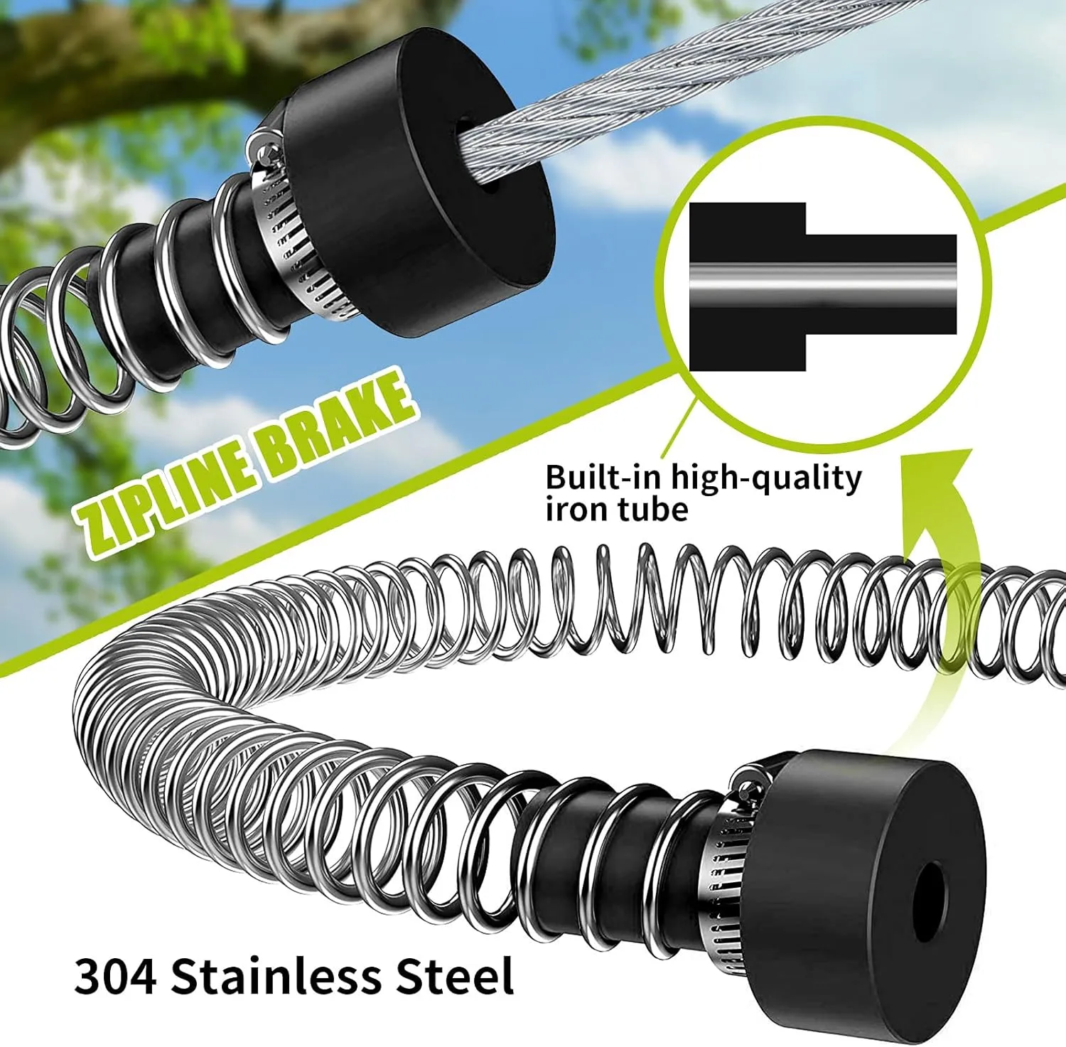 TRSMIMA Zipline Kit for Kids and Adult 200ft Zipline with Spring Brake Safety Harness Zip line Trolley Ratchet Tighten System Support 330 lbs