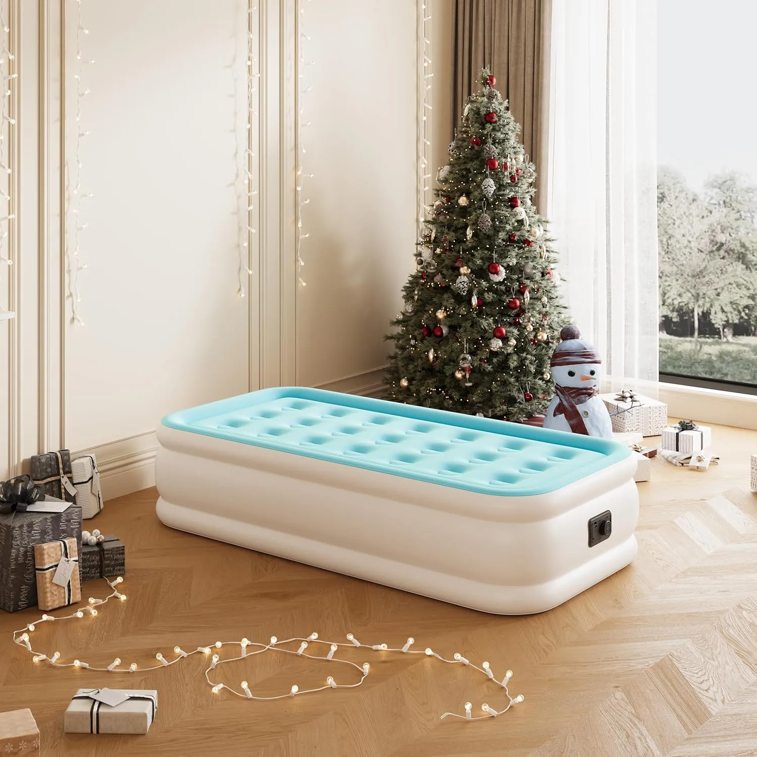 Twin Air Mattress with Built in Pump, Single Air Bed with Portable Storage Bag, 18'' Blow up Mattress Suitable for Home and Guests, Top Flocking, 18" Twin Sky Blue