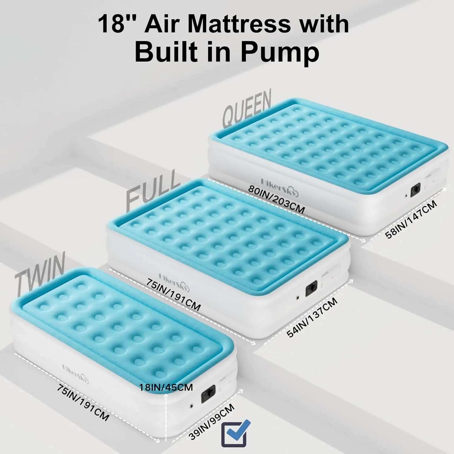 Twin Air Mattress with Built in Pump, Single Air Bed with Portable Storage Bag, 18'' Blow up Mattress Suitable for Home and Guests, Top Flocking, 18" Twin Sky Blue