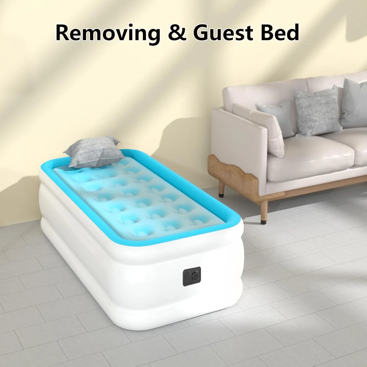 Twin Air Mattress with Built in Pump, Single Air Bed with Portable Storage Bag, 18'' Blow up Mattress Suitable for Home and Guests, Top Flocking, 18" Twin Sky Blue