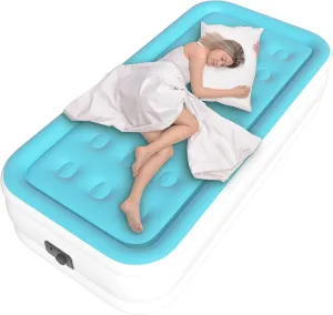 Twin Air Mattress with Built in Pump, Single Air Bed with Portable Storage Bag, 18'' Blow up Mattress Suitable for Home and Guests, Top Flocking, 18" Twin Sky Blue