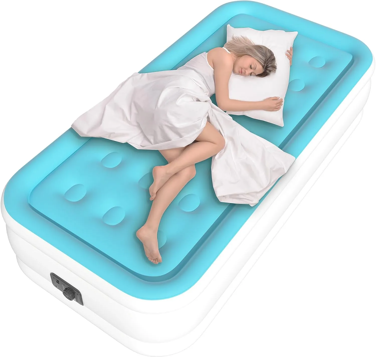 Twin Air Mattress with Built in Pump, Single Air Bed with Portable Storage Bag, 18'' Blow up Mattress Suitable for Home and Guests, Top Flocking, 18" Twin Sky Blue