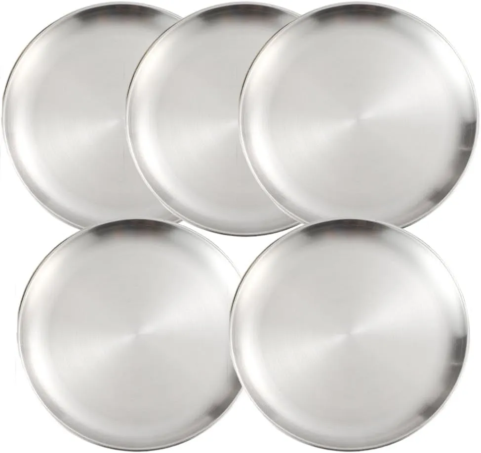 Unbreakable 5 Piece 9 Inch 304 Stainless Steel Plates Metal Dinner Dishes Reusable Camping Plate (Silver, 9 Inch)