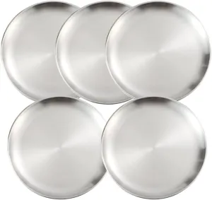 Unbreakable 5 Piece 9 Inch 304 Stainless Steel Plates Metal Dinner Dishes Reusable Camping Plate (Silver, 9 Inch)