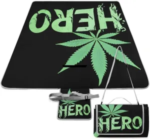 Unique Pattern Outdoor Picnic Mat, Waterproof and Foldable Gree Weed Leaf Painting Black Blankets for Camping Grass Lawn Park Accessories
