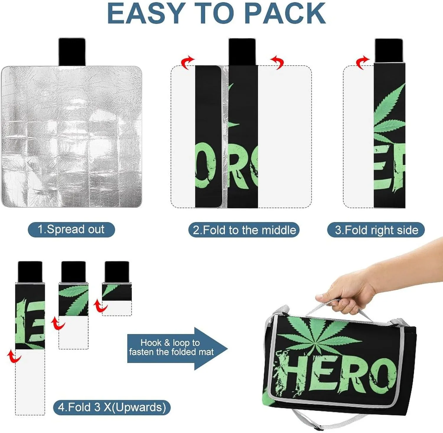 Unique Pattern Outdoor Picnic Mat, Waterproof and Foldable Gree Weed Leaf Painting Black Blankets for Camping Grass Lawn Park Accessories
