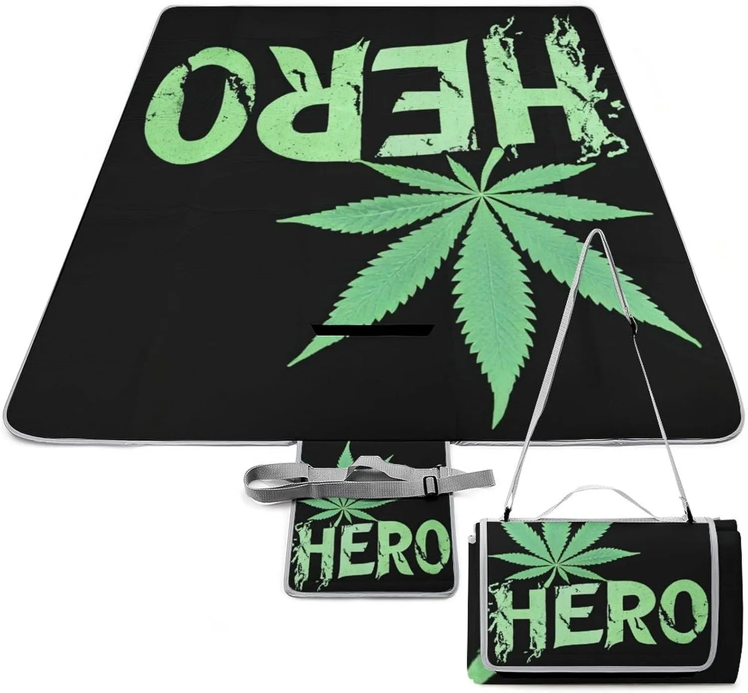 Unique Pattern Outdoor Picnic Mat, Waterproof and Foldable Gree Weed Leaf Painting Black Blankets for Camping Grass Lawn Park Accessories