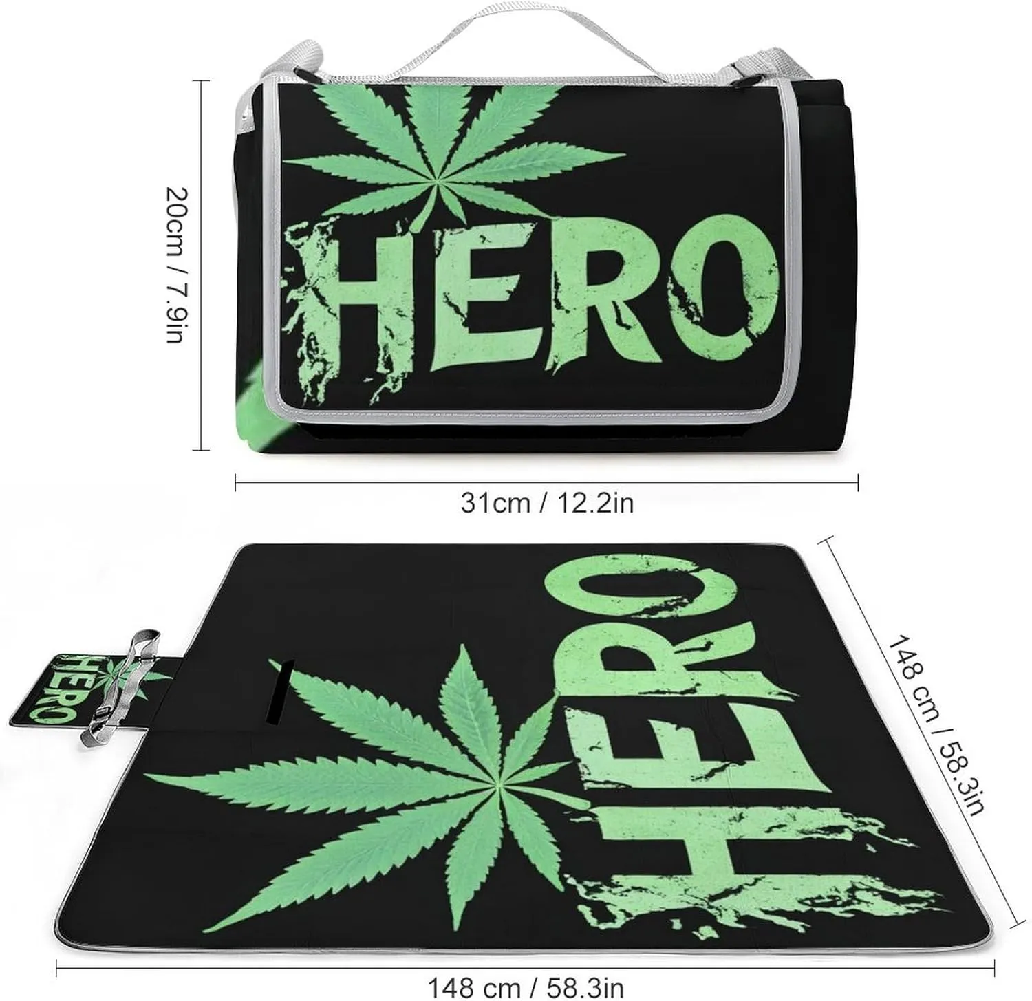 Unique Pattern Outdoor Picnic Mat, Waterproof and Foldable Gree Weed Leaf Painting Black Blankets for Camping Grass Lawn Park Accessories