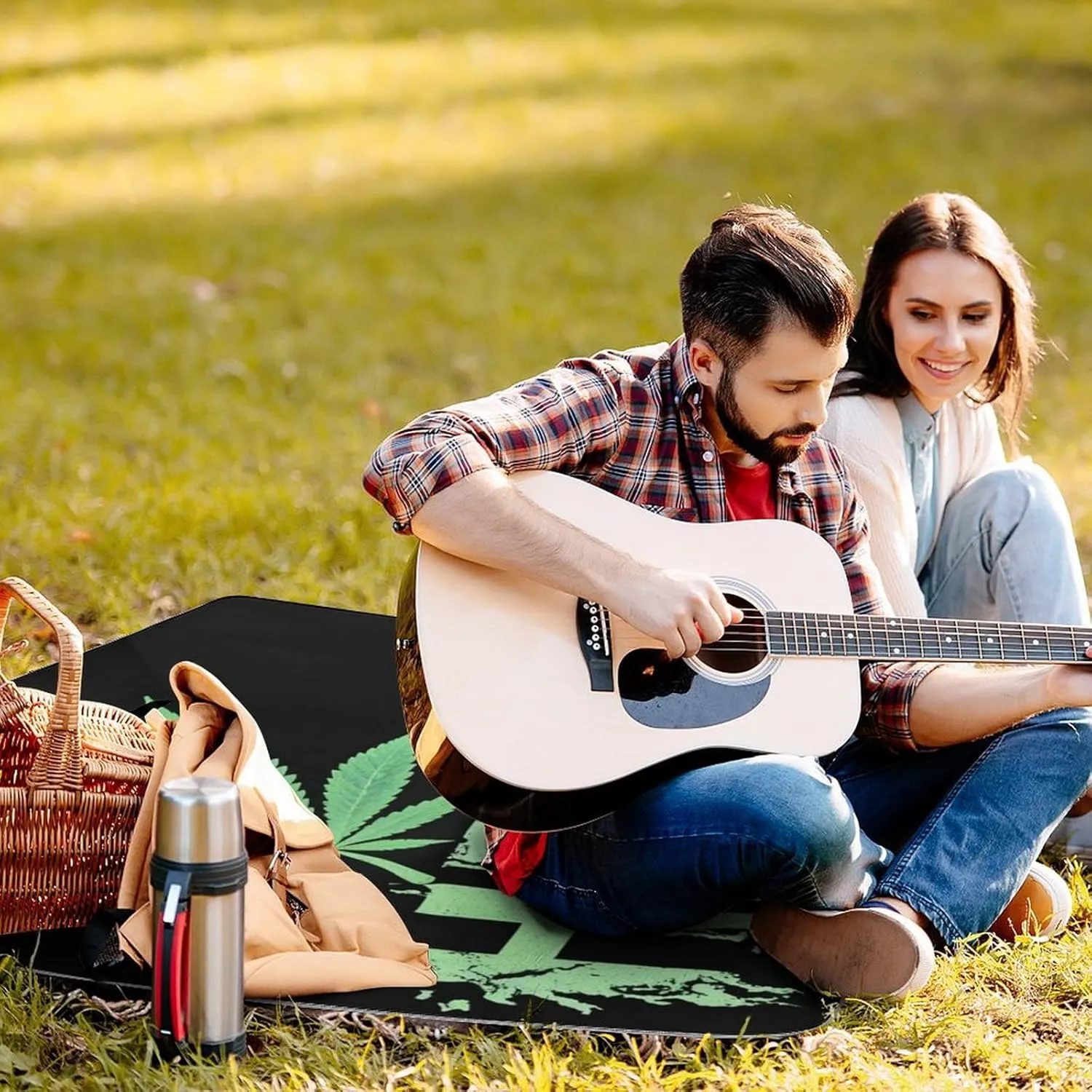 Unique Pattern Outdoor Picnic Mat, Waterproof and Foldable Gree Weed Leaf Painting Black Blankets for Camping Grass Lawn Park Accessories