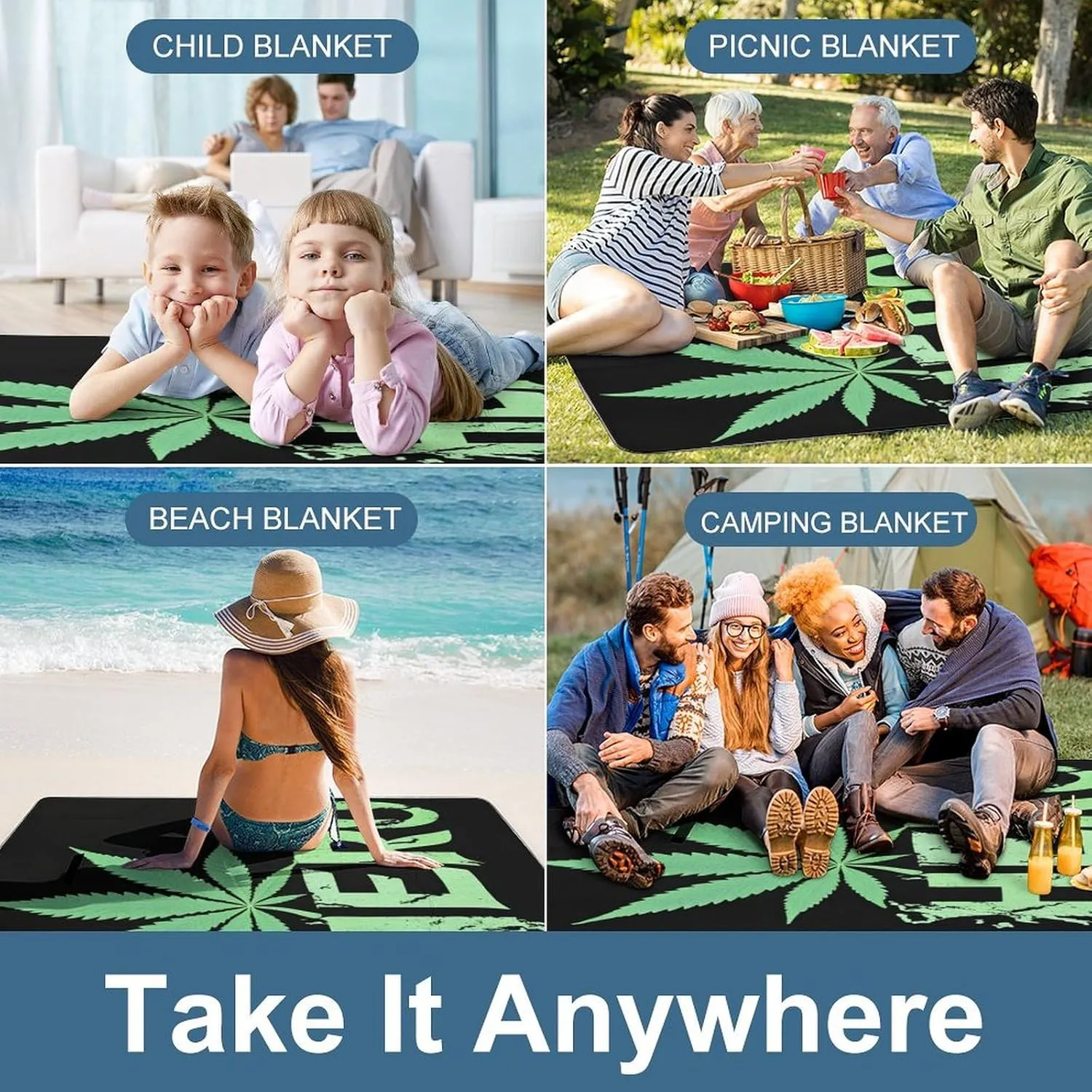 Unique Pattern Outdoor Picnic Mat, Waterproof and Foldable Gree Weed Leaf Painting Black Blankets for Camping Grass Lawn Park Accessories
