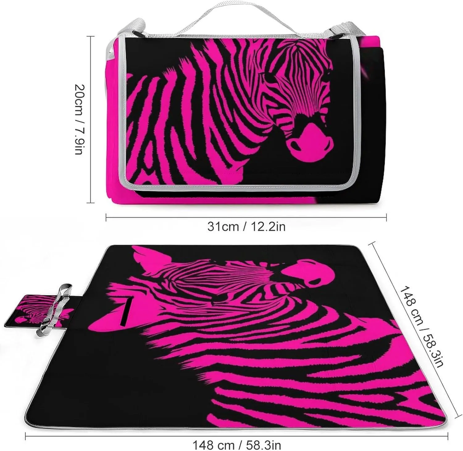 Unisex Foldable Pink Zebra Mat for Outdoor, Water-Resistant Handy Mat Tote, Spring Summer Camping Blanket for Picnic Travel Beach