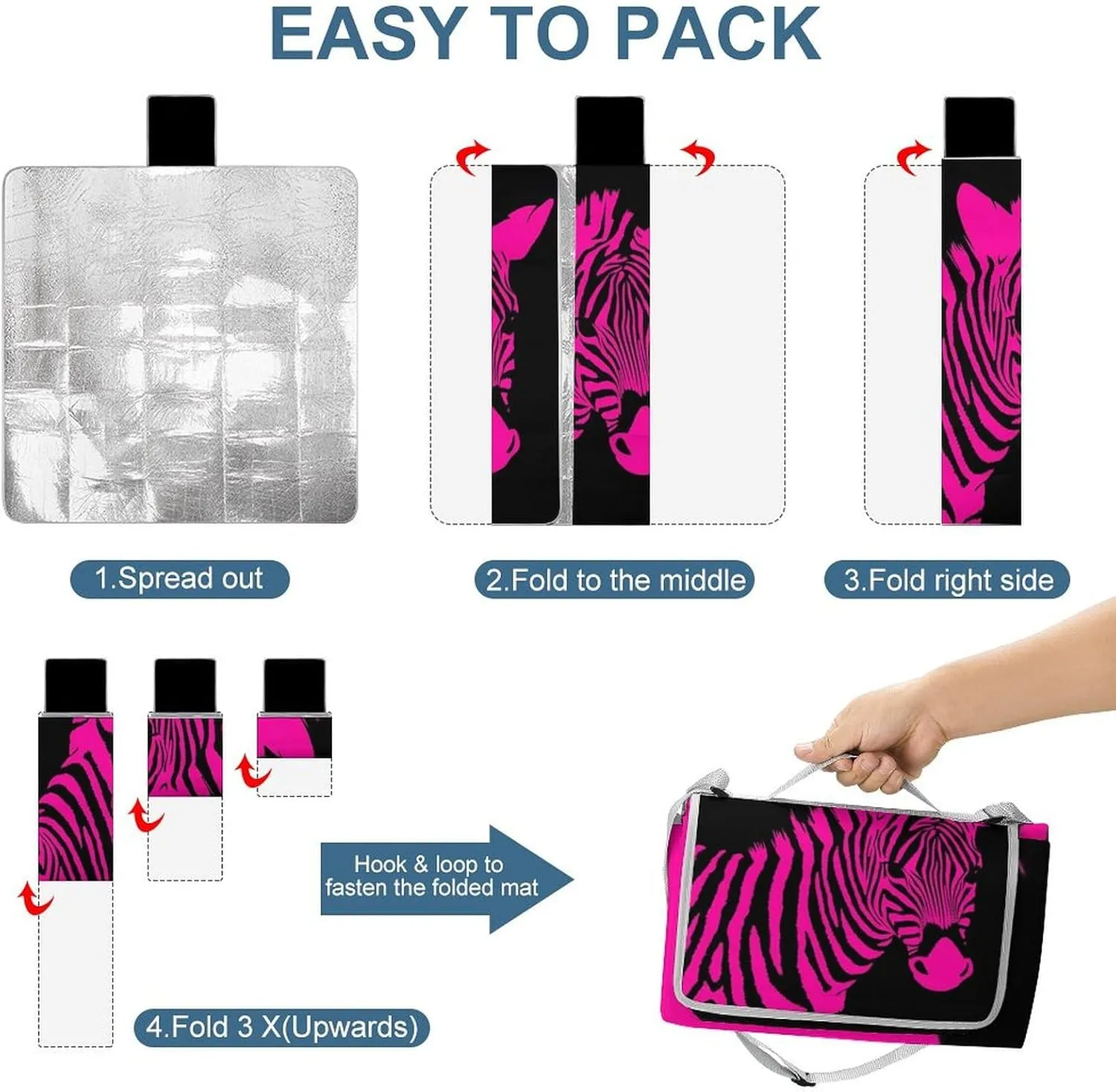 Unisex Foldable Pink Zebra Mat for Outdoor, Water-Resistant Handy Mat Tote, Spring Summer Camping Blanket for Picnic Travel Beach