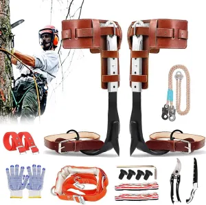 Upgrade Leather Tree Climbing Spikes Set, Adjustable Tree Climbing Gear Pole Climbing Spurs Tool with Harness Belt Scissors & Saw for Climbing Trees, Picking Fruit, Logging