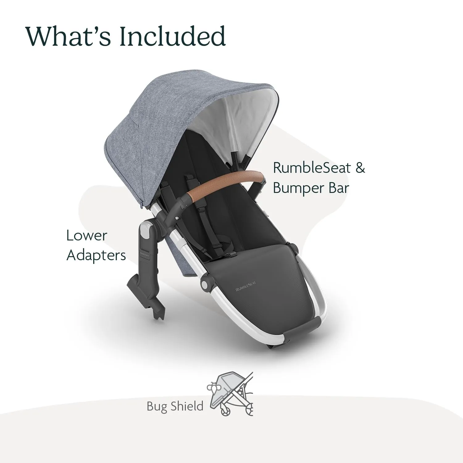 UPPAbaby RumbleSeat V2  Second Lower Seat/Compatible with Vista V2 and Vista V3 / Adapters, Bumper Bar, Bug Shield Included/Gregory (Blue Mélange/Silver Frame/Saddle Leather)