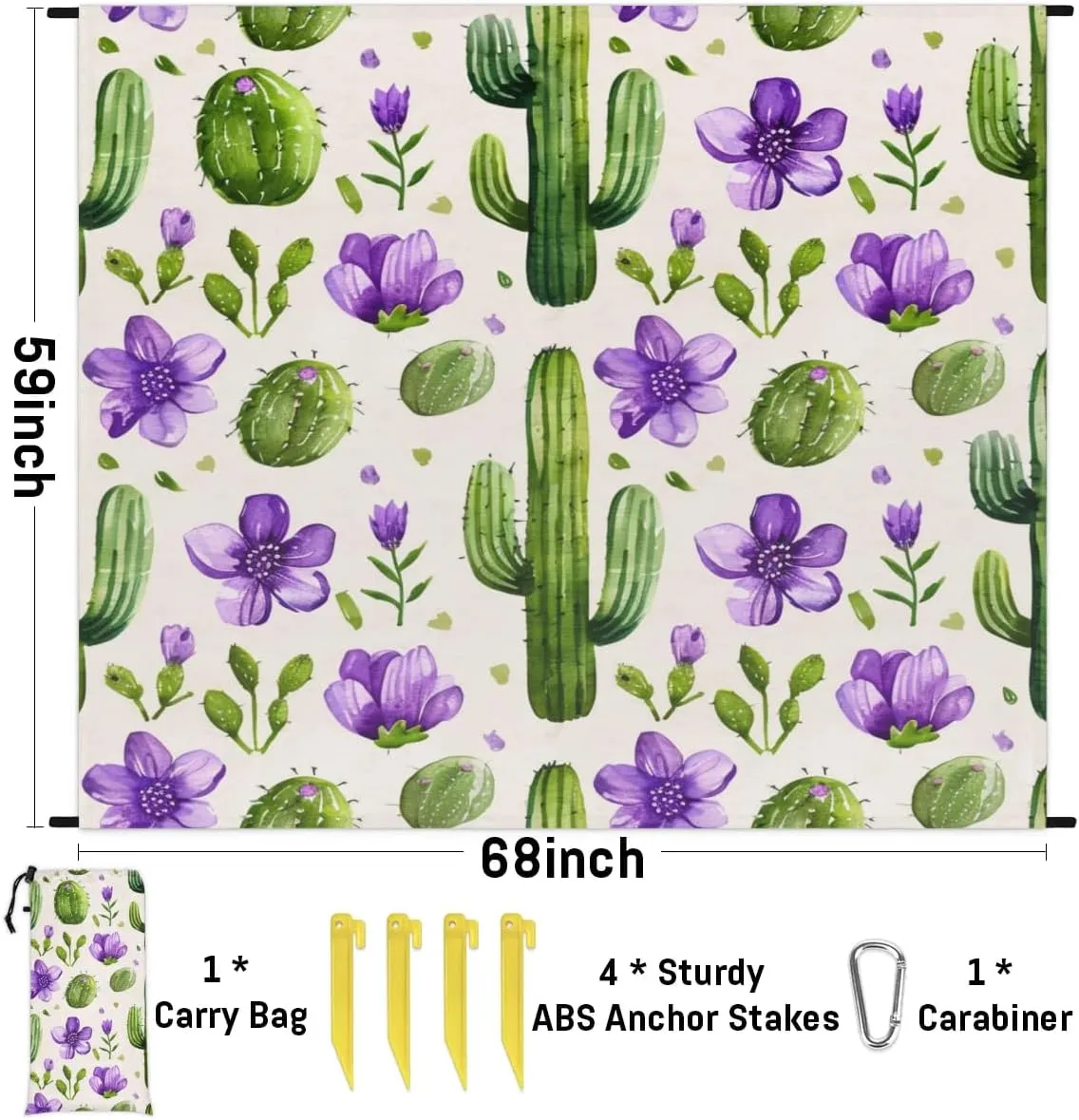 Various Cactus Beach Blanket, Sandproof Beach Mat, Adults Waterproof Quick Drying Sand Free Mat with 4 x Ground Spikes for Outdoor Travel Camping Hiking, Watercolor Cactus