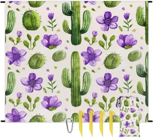 Various Cactus Beach Blanket, Sandproof Beach Mat, Adults Waterproof Quick Drying Sand Free Mat with 4 x Ground Spikes for Outdoor Travel Camping Hiking, Watercolor Cactus